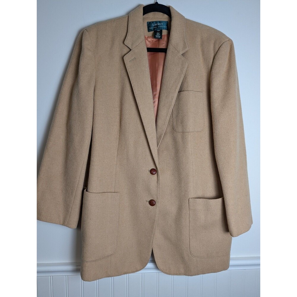 Vintage Lauren Ralph Lauren Women Blazer Leather Buttons Camel Hair 16W Preppy